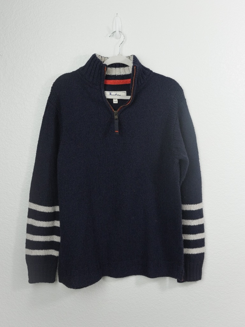 Boden Men’s Quarter Zip Sweater Size L Navy Blue White Stripe Sleeve Pullover